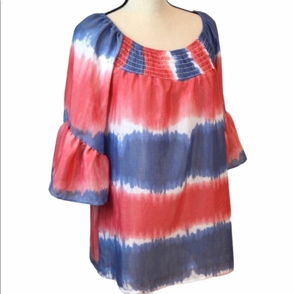 NWT Tie Dye Bell Sleeve Smocked Neckline Loose Fit Tunic Top, Size Small - Picture 1 of 8